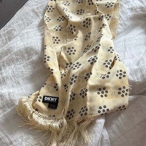 VINTAGE DKNY Cream and Black Circular Motif 100% Silk Scarf with tassels